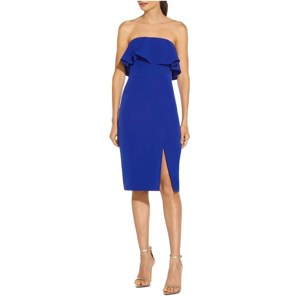 Aidan Mattox Colorful Strapless Ruffled Midi Sheath Cocktail Dress Blue Size 8